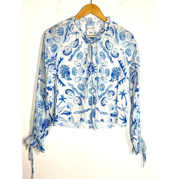 Saylor Svetlanna Top Shell Print Linen Blend Peasant Blouse Blue Off-White XS - Picture 3 of 8